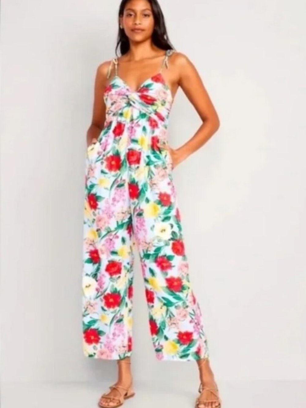 Old Navy XL Tropical Floral Linen Blend Tie Strap Smocked Jumpsuit Overalls